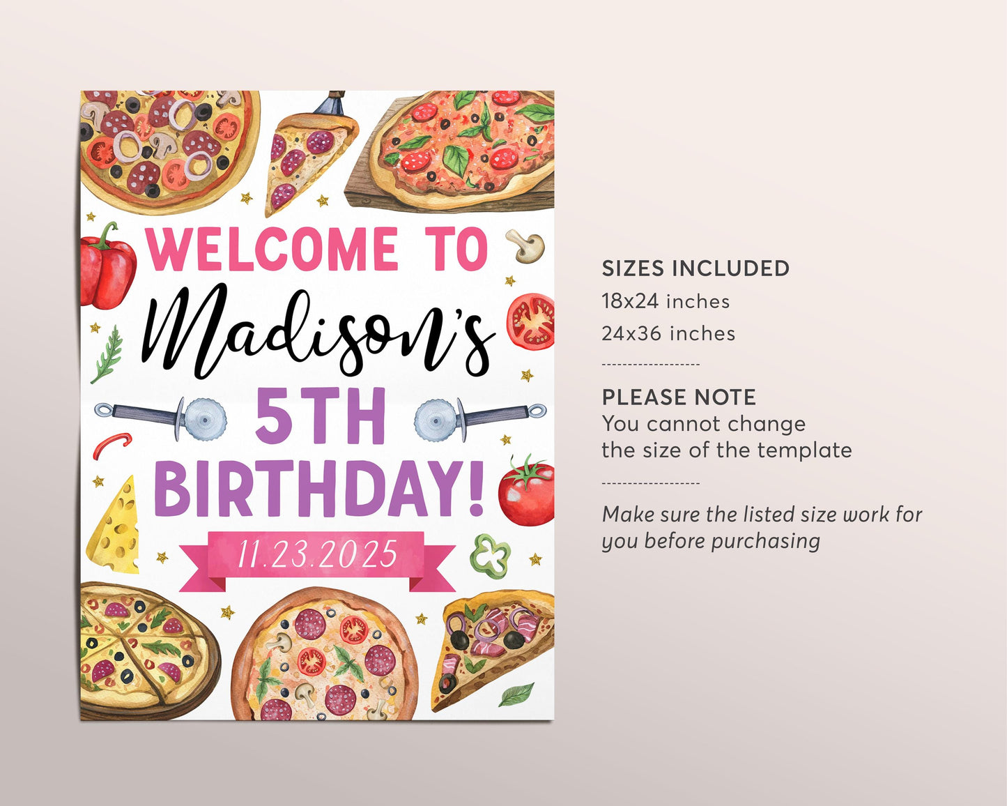 Pizza Party Welcome Sign Editable Template, Girl Pizzeria Pizza Making Birthday Party Poster, Slice Of Fun Pizza Decor Banner Welcome Board