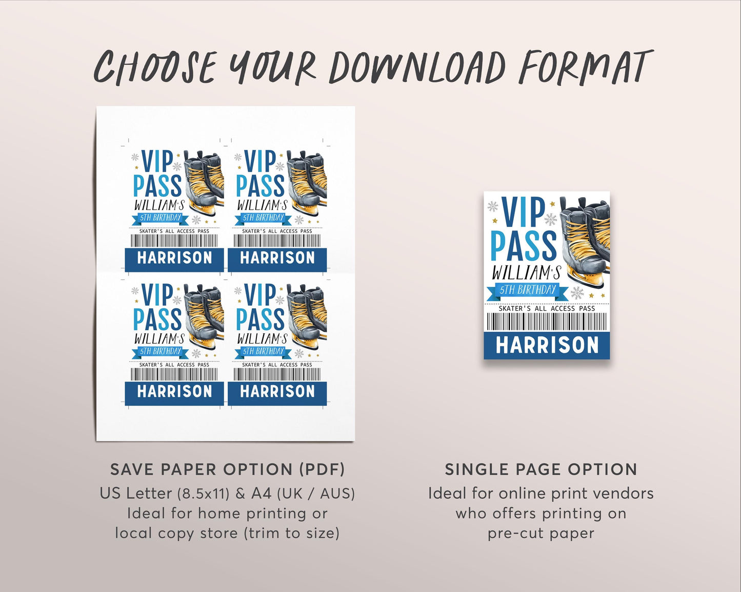 Ice Skating Birthday All Star VIP Pass Editable Template, Boy Ice Hockey Skating Rink Party All Access Pass, Guest Name Tag Insert ID Badge