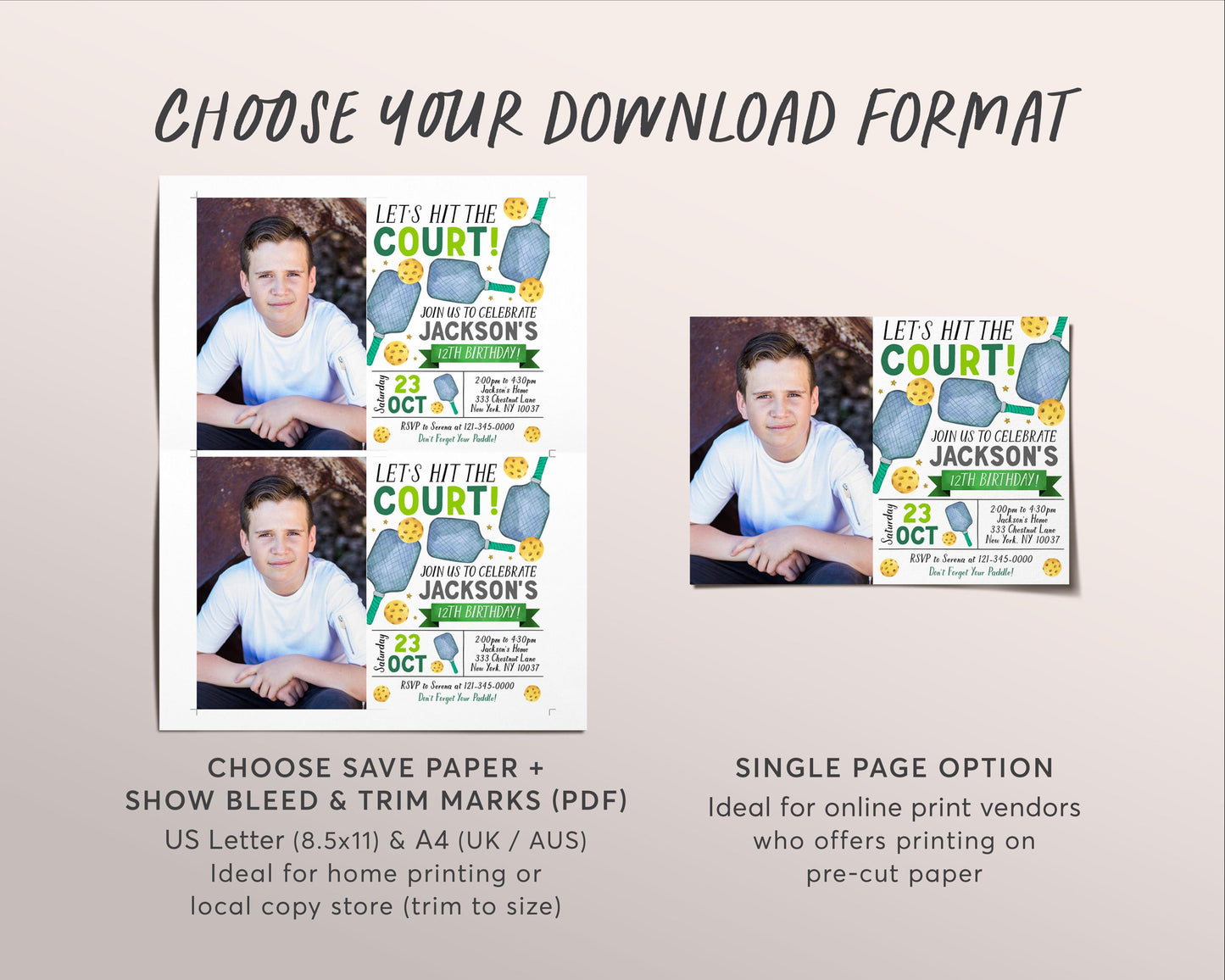 Pickleball Birthday Invitation With Photo Editable Template, Lets Hit the Court Theme Party Invite, Kids Sports Pickleball Theme Evite