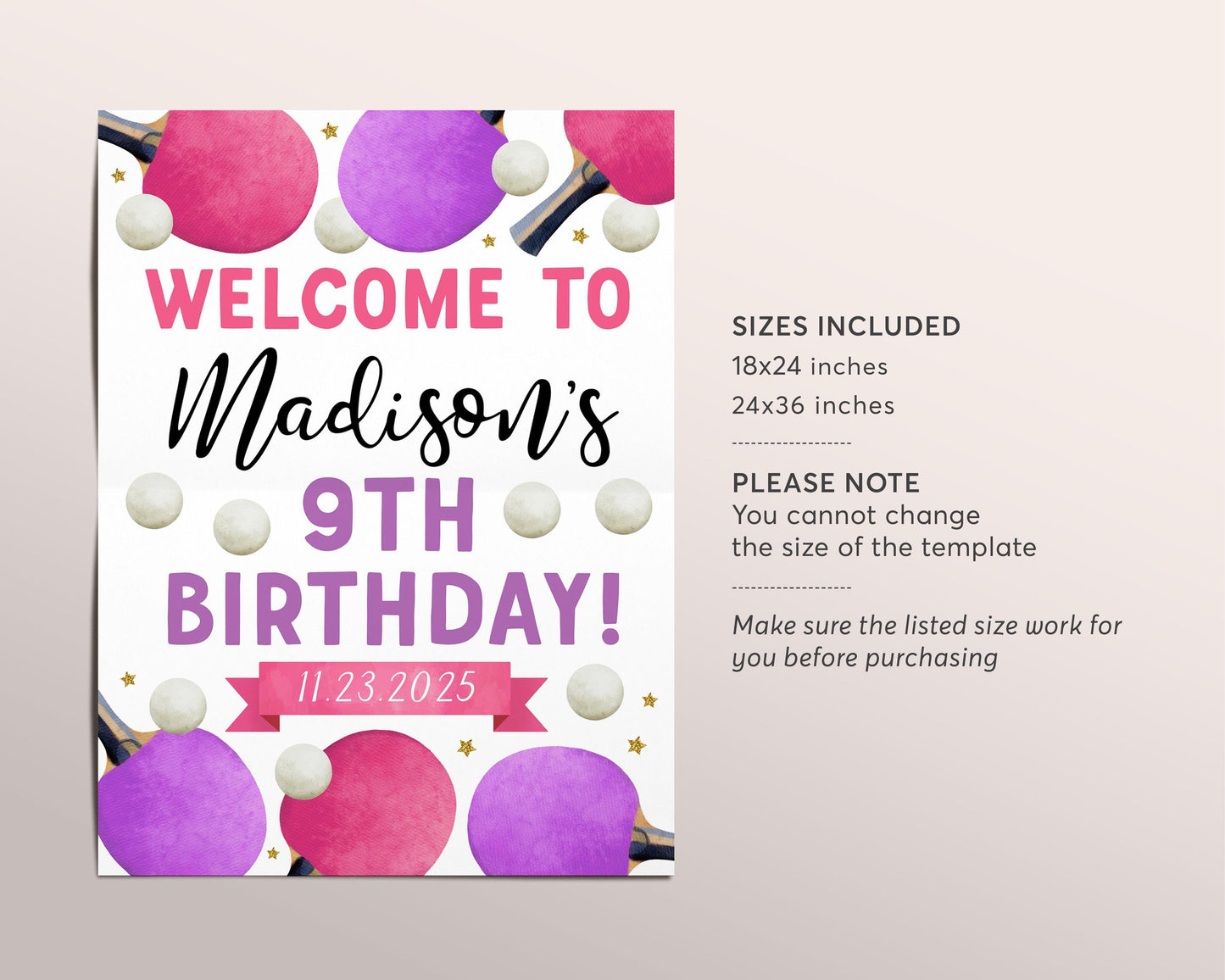 Ping Pong Birthday Welcome Sign Editable Template, Girl Table Tennis Birthday Party Poster, Sport Indoor Tennis Game Match Tournament Poster