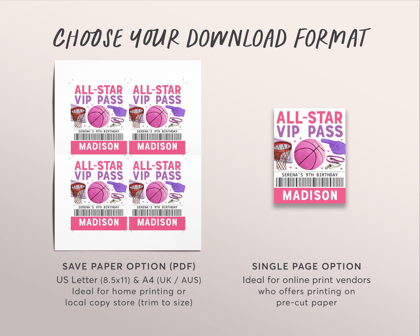 Basketball Birthday All Star VIP Pass Editable Template, Girl Basketball Slam Dunk Party All Access Pass, Guest Name Tag Insert ID Badge