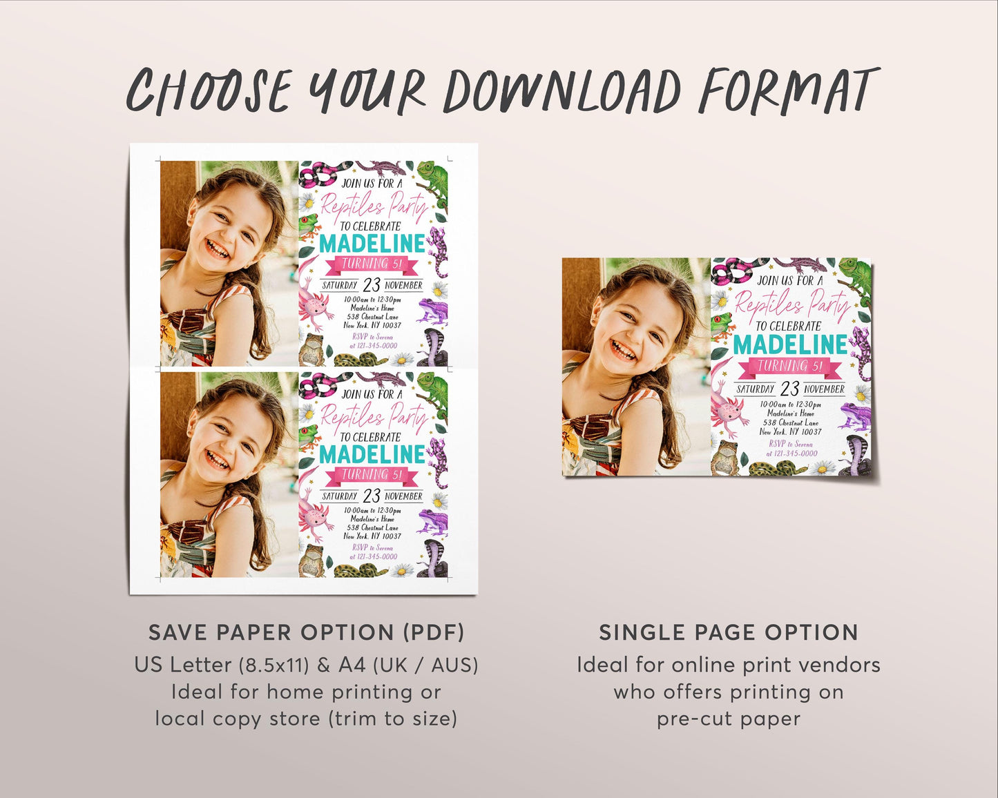 Reptiles Birthday Invitation With Photo Editable Template, Girl Reptile Nature Theme Party Invite, Kids Snake Lizard Frog Outdoor Evite