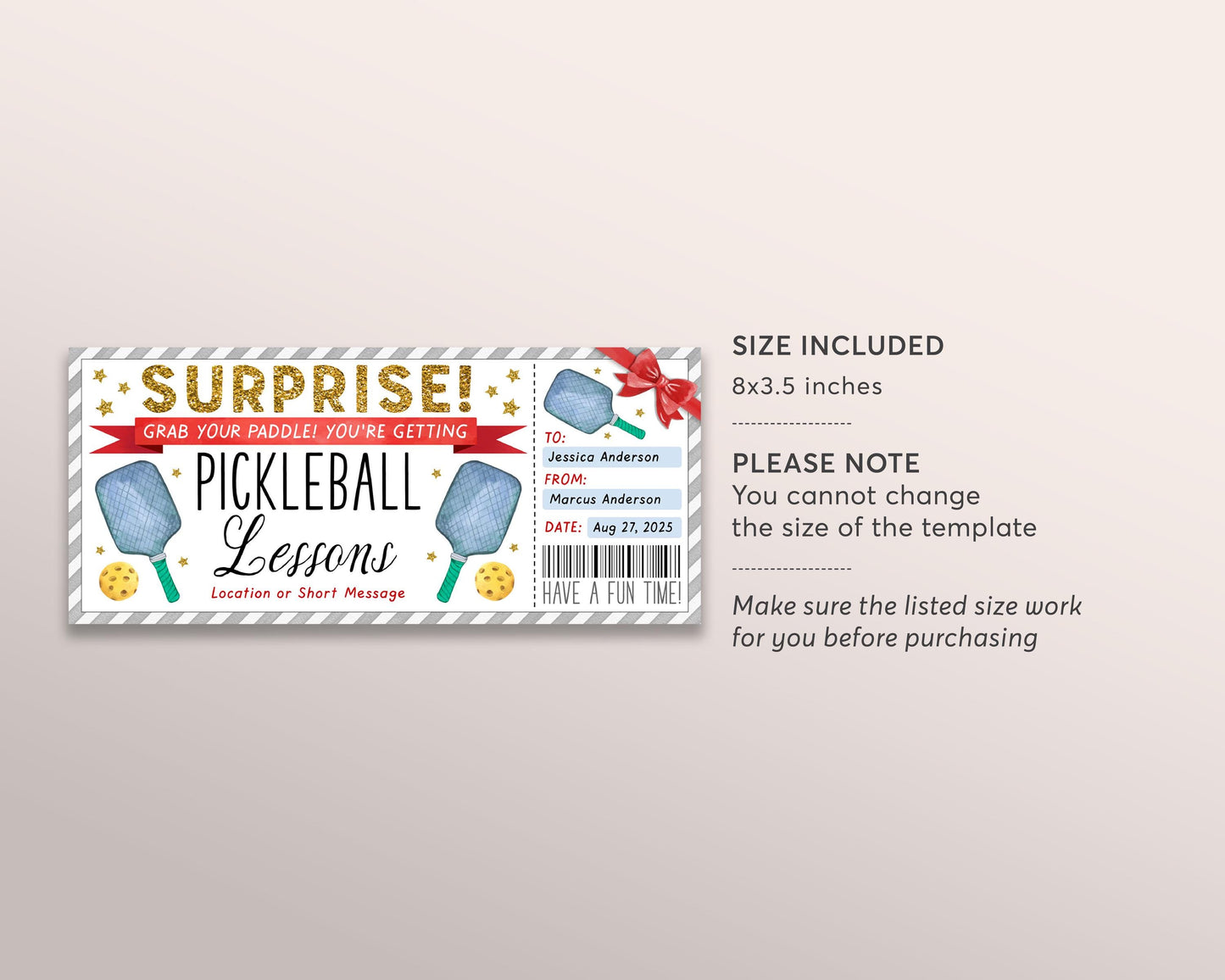 Pickleball Lessons Gift Certificate Editable Template, Surprise Pickle Ball Classes Voucher, Pickleball Lover Gift Idea Experience Coupon