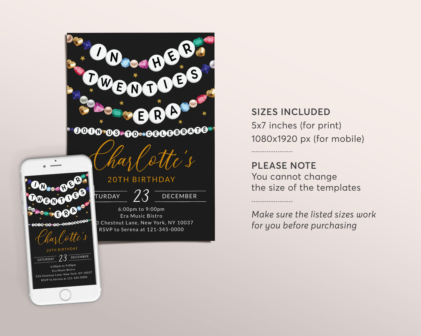 In My Twenties Era Invitation Editable Template, Friendship Bracelet Party Invite, Twentieth 20th Birthday Girl Eras Music Black Gold Evite