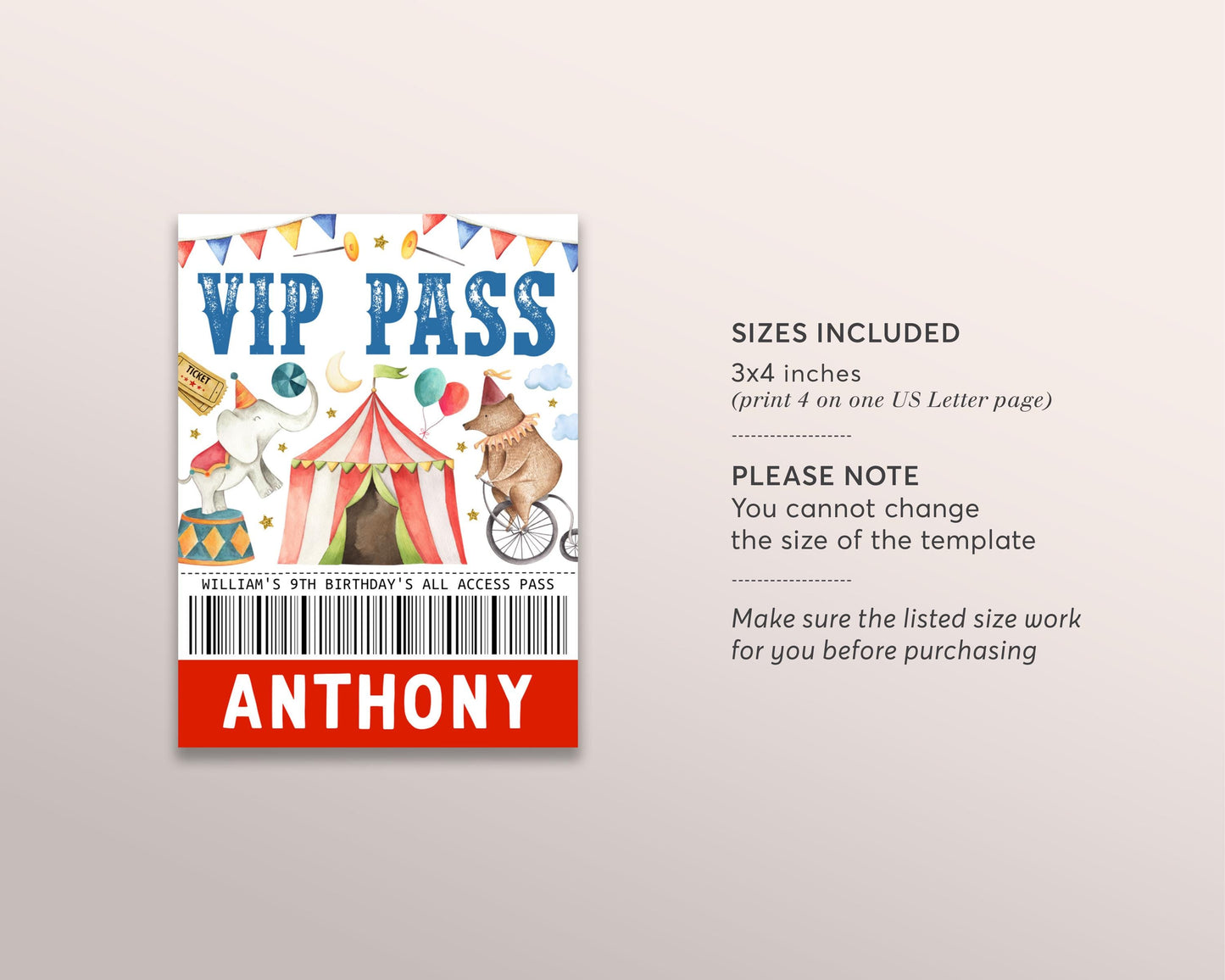 Circus Birthday All Star VIP Pass Editable Template, Carnival Theme Party All Access Pass, Come One Come All Guest Name Tag ID Badge Lanyard