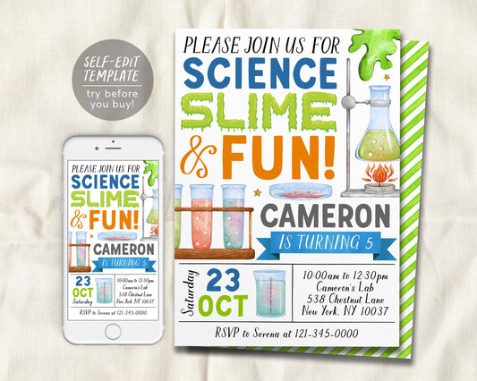 Science Slime Birthday Invitation Editable Template