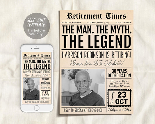 The Man The Myth The Legend Retirement Invitation Editable Template