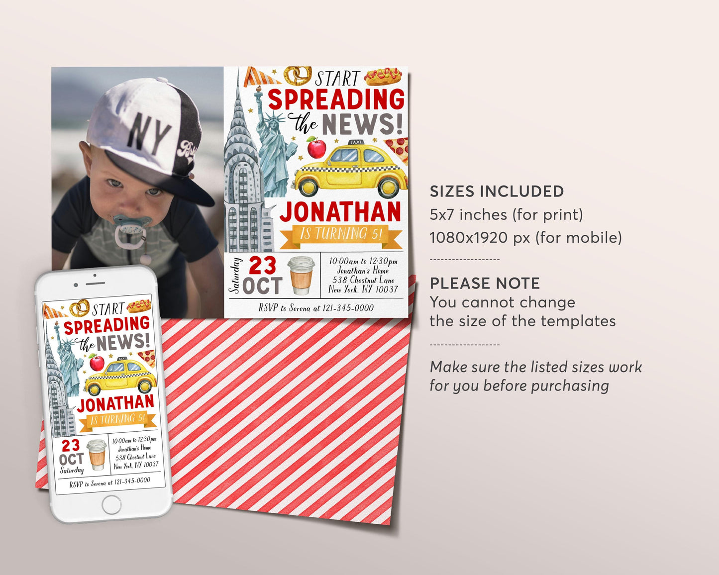 New York City Birthday Invitation With Photo Editable Template, Unisex NYC Party Invite, Big Apple Kids Tween Teen Evite, Statue Of Liberty
