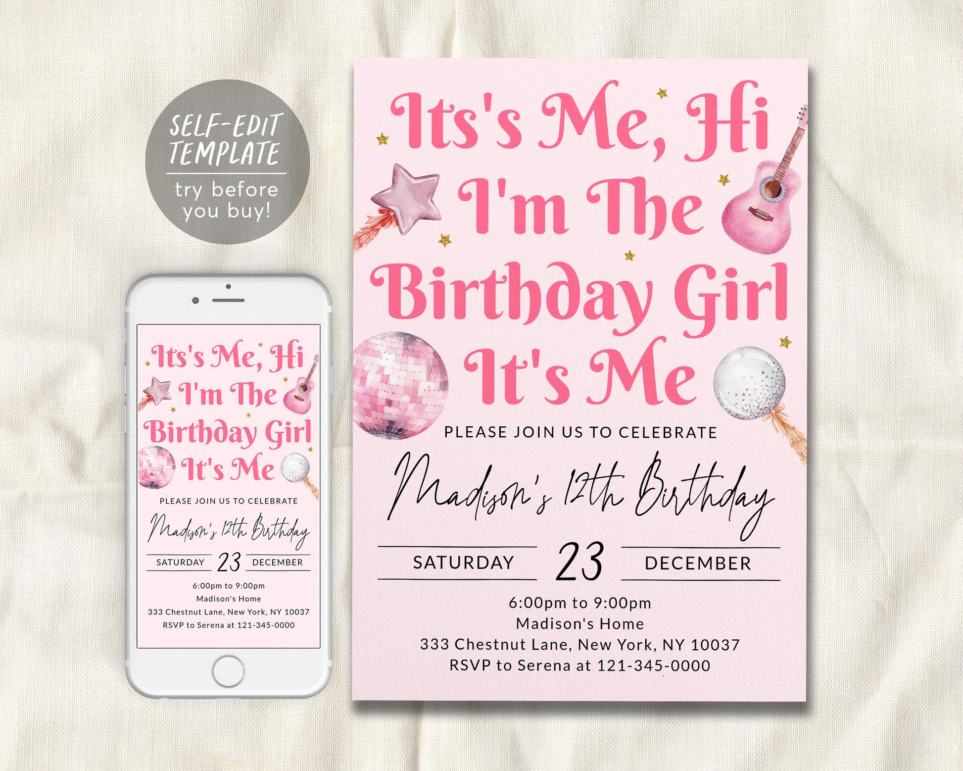 It&#39;s Me Hi I&#39;m The Birthday Girl Its Me Invitation Editable Template