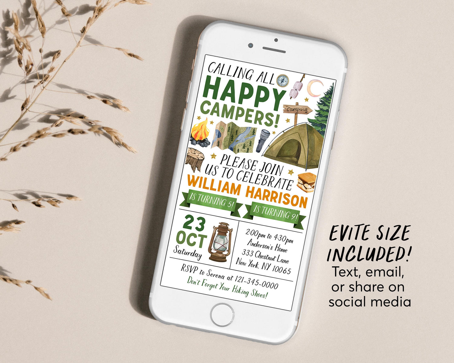 Camping Joint Siblings Birthday Invitation Editable Template, Twin Boys Outdoor Camp Out Party Invite, Camp Checklist Tent Sleepover Evite