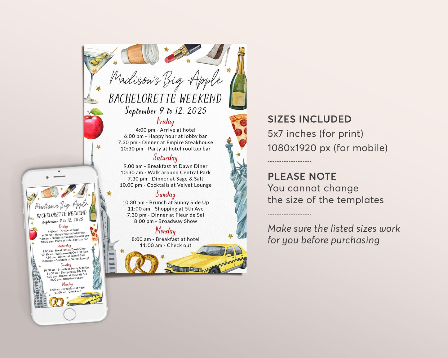 New York Bachelorette Itinerary Editable Template, New York Travel Planner, NYC Girls Night Out Weekend Schedule, Hen Party Big Apple Agenda