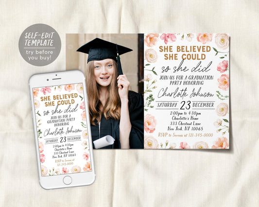 Template, Blush Floral Grad Announcement Party Invite for Her, She