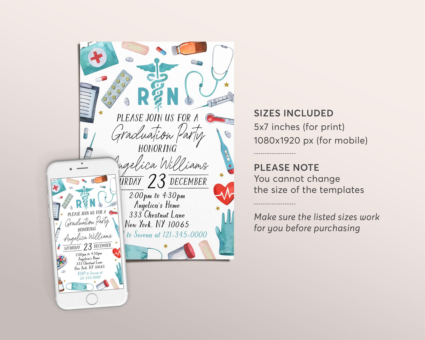 Nursing School Graduation Invitation Editable Template, Nurse RN Graduation Announcement Party Invite, Registered Nurse Pinning Ceremony