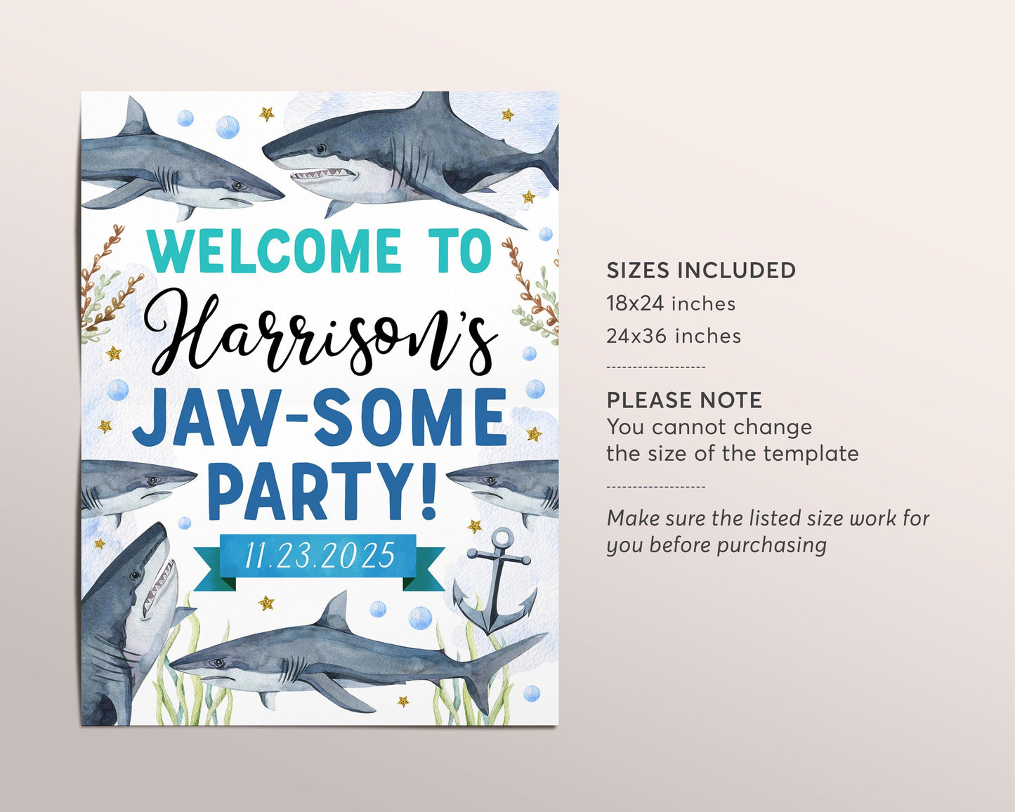 Shark Birthday Welcome Sign Editable Template, Little Shark Attack Jawsome Under The Sea Celebration Party Poster, Underwater Jaws Decor