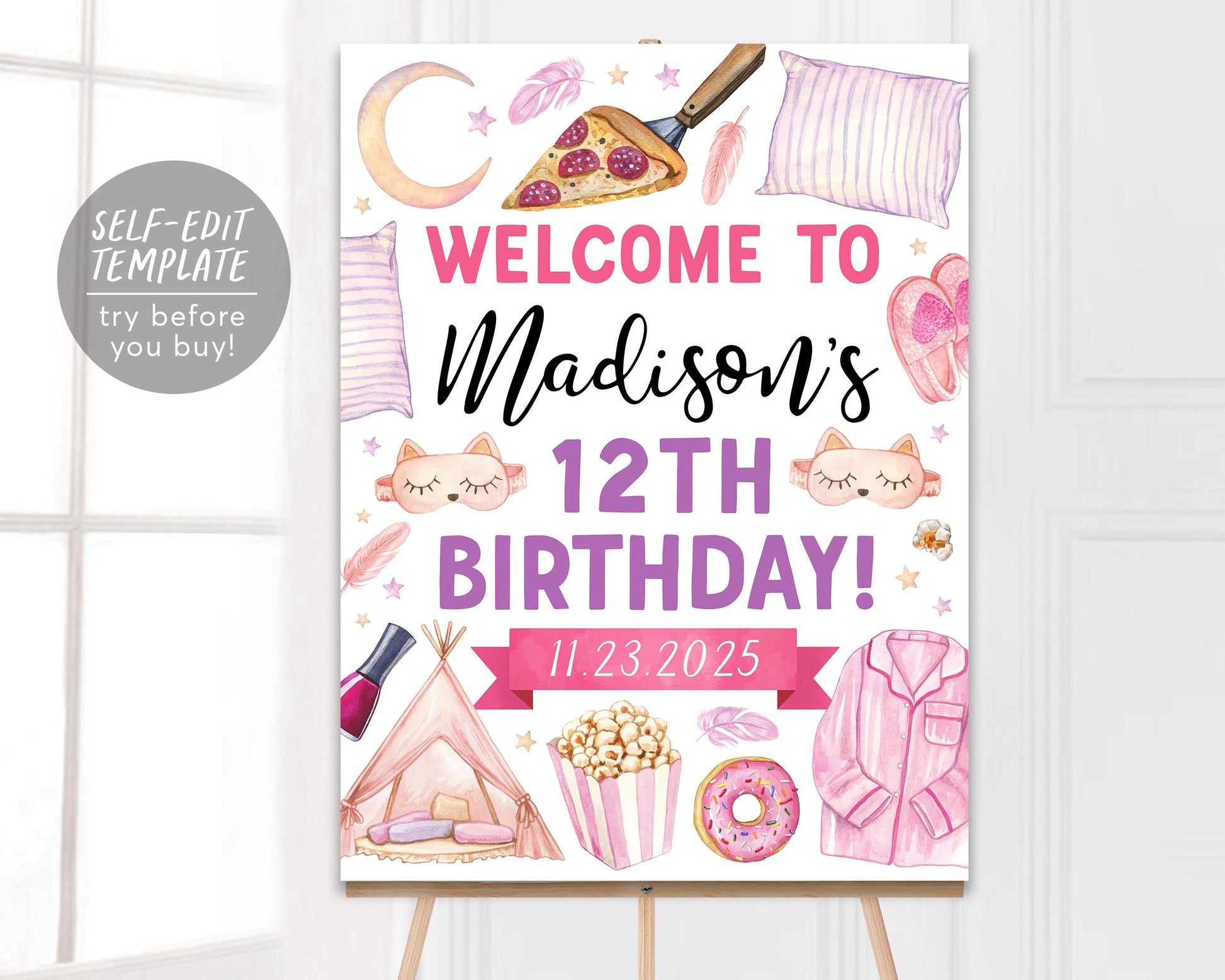 Sleepover Birthday Party Welcome Sign Editable Template