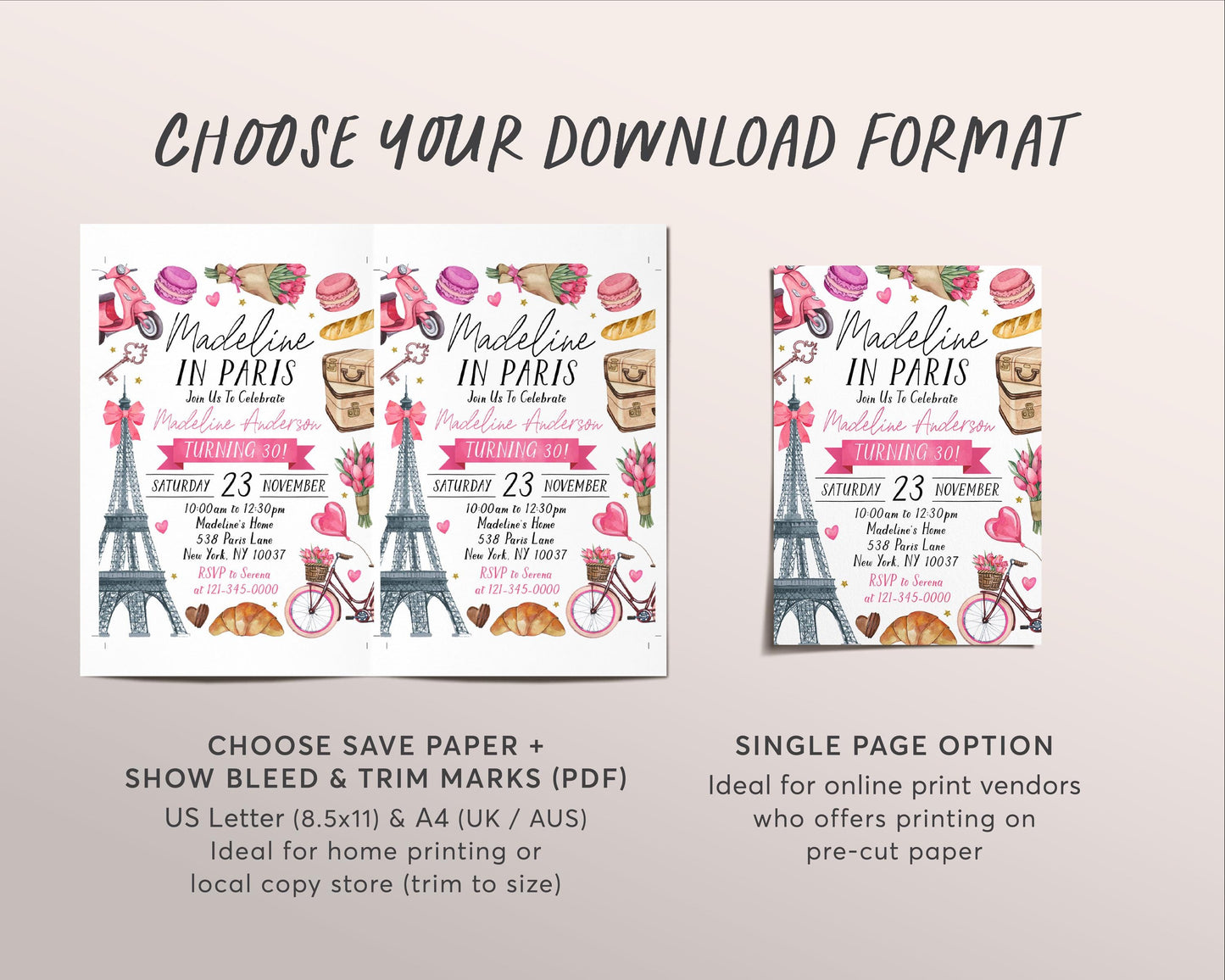 In Paris Theme Birthday Invitation Editable Template, Bonjour Eiffel Tower 30th 40th Birthday Party Invite, Oh La La French Parisian Evite