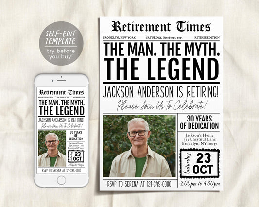 The Man The Myth The Legend Retirement Invitation Editable Template