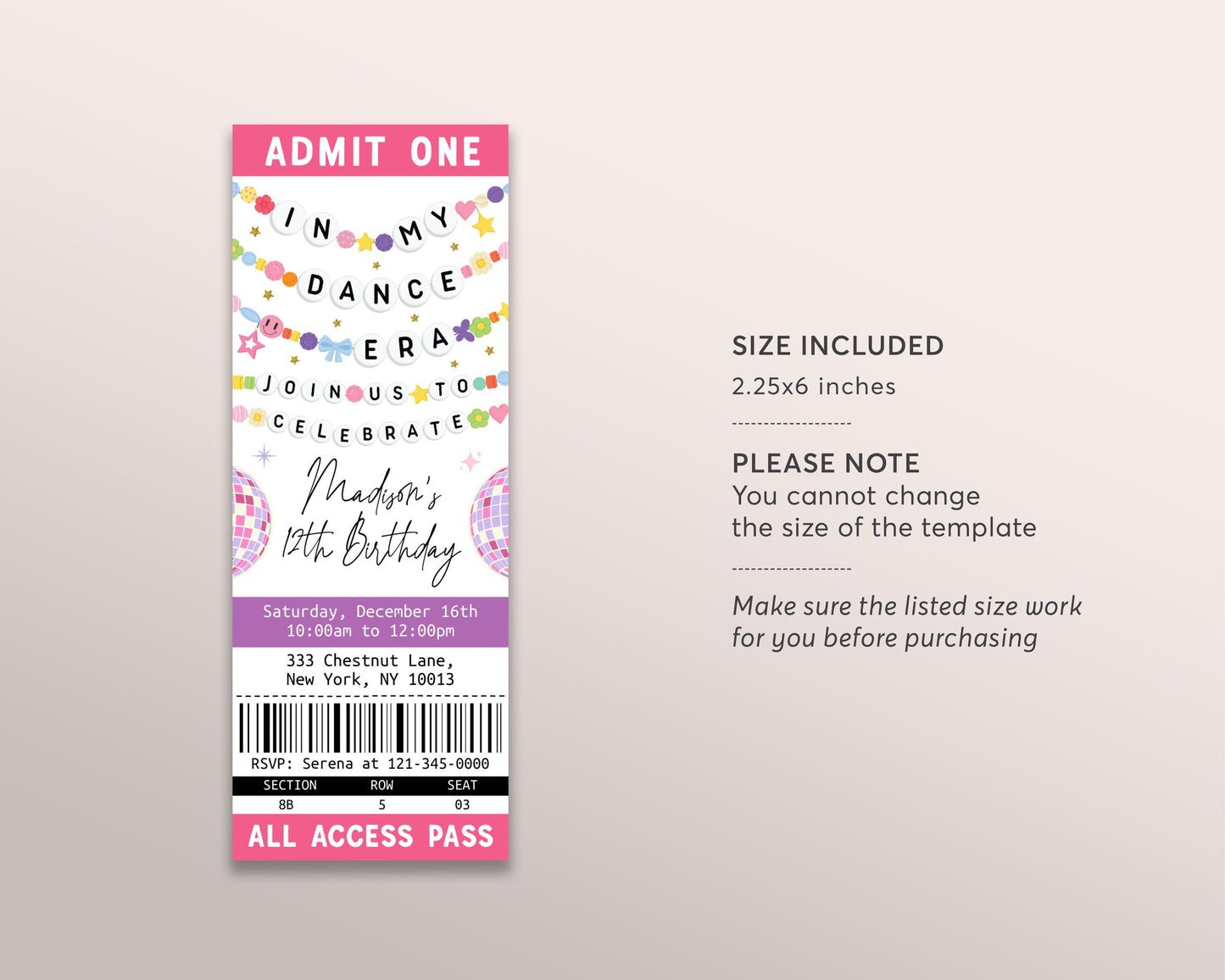 In My Dance Era Ticket Invitation Editable Template, Friendship Bracelet Birthday Era Party Invite, Girl Eras Party Disco Ball Music Evite