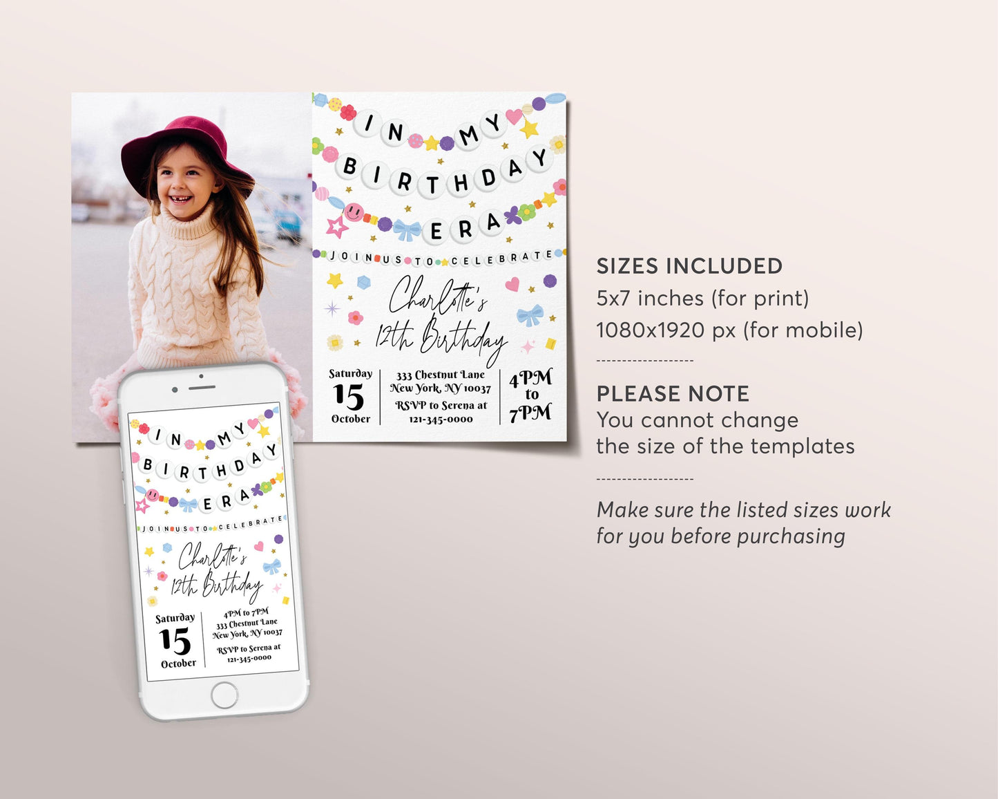 In My Birthday Era With Photo Invitation Editable Template, Friendship Bracelet Party Invite, Kids Tween Teen Girl Eras Music Party Evite