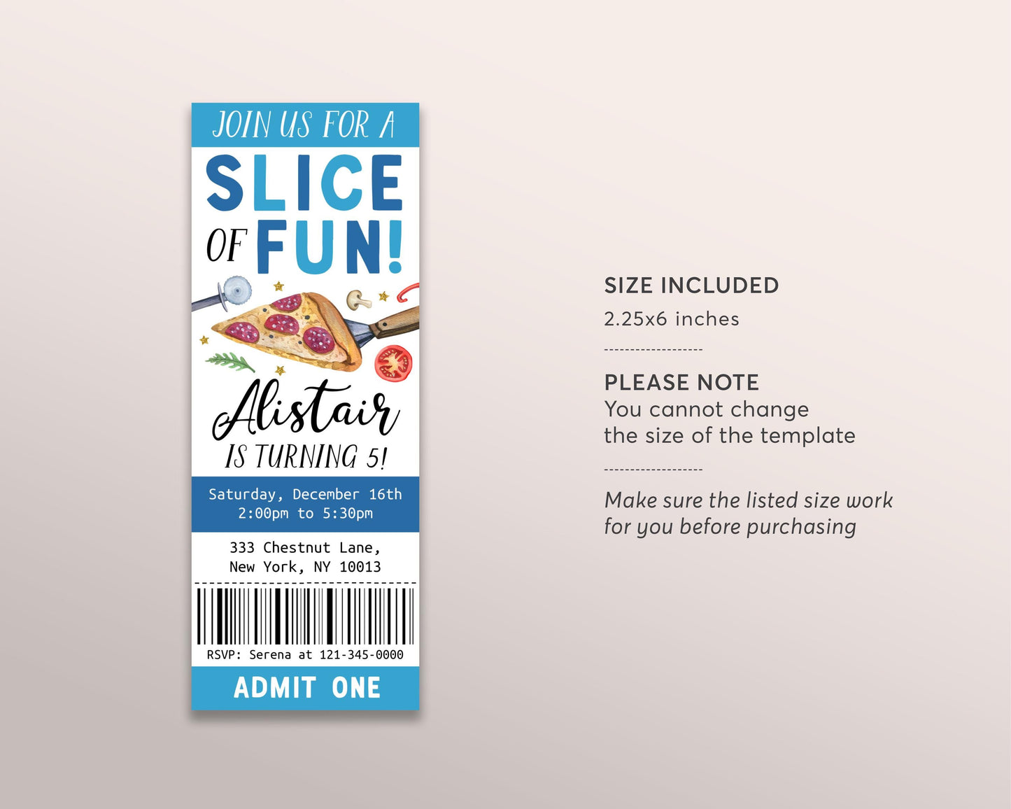 Pizza Birthday Ticket Invitation Editable Template, Kids Pizza Party Invite, Boy Unisex Pizza Making Evite, Slice Of Fun Pizzeria Italian