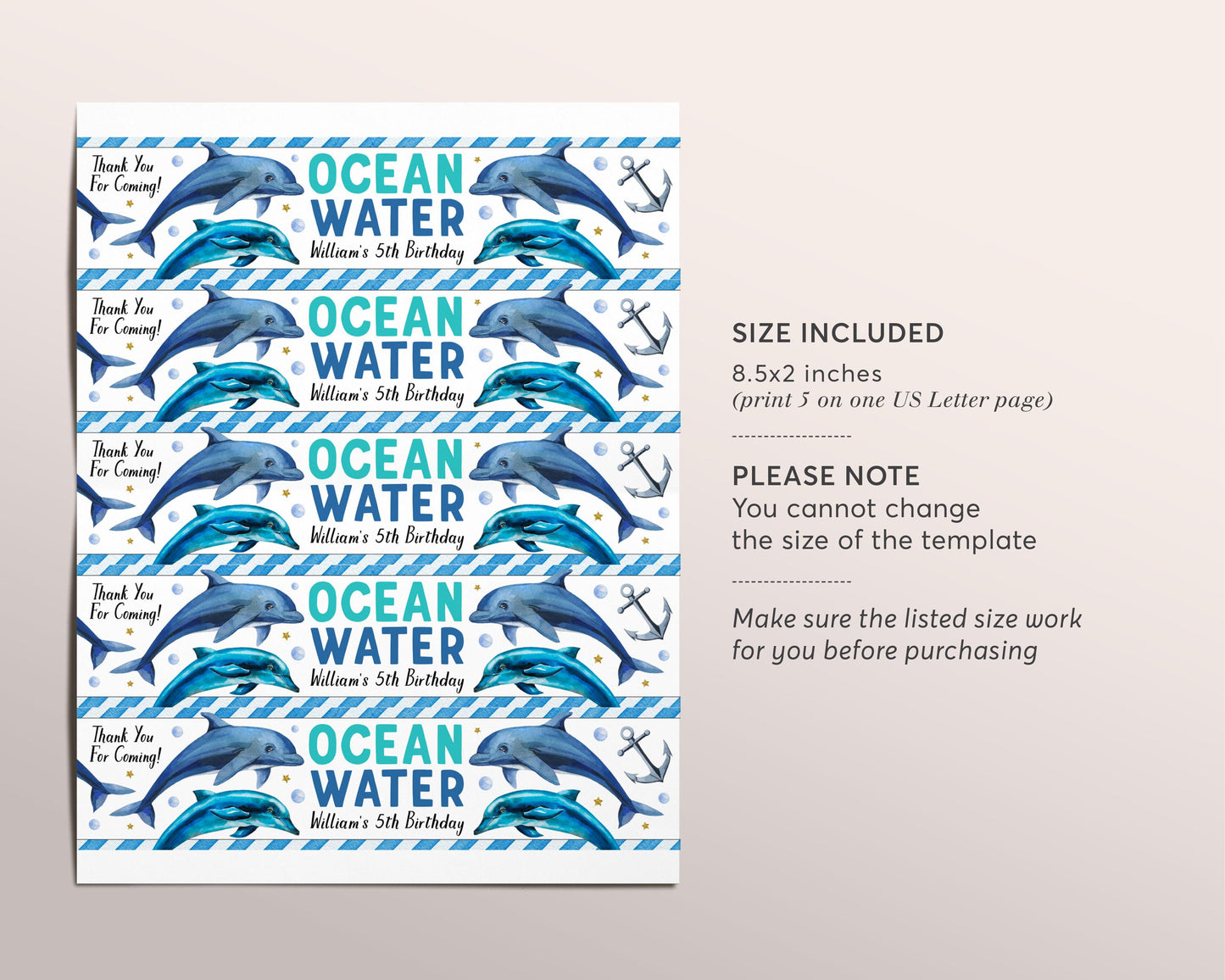 Dolphin Water Bottle Labels Editable Template, Boy Ocean Water Under The Sea Birthday Party Drink Wrapper Tags, Dolphin Water Bottle Wraps