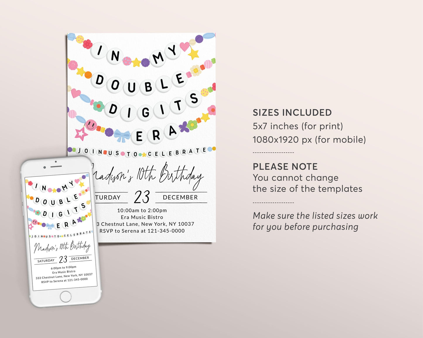 In My Double Digits Era Invitation Editable Template, Friendship Bracelet Party Invite, Tenth 10th Birthday Tween Girl Eras Music Evite