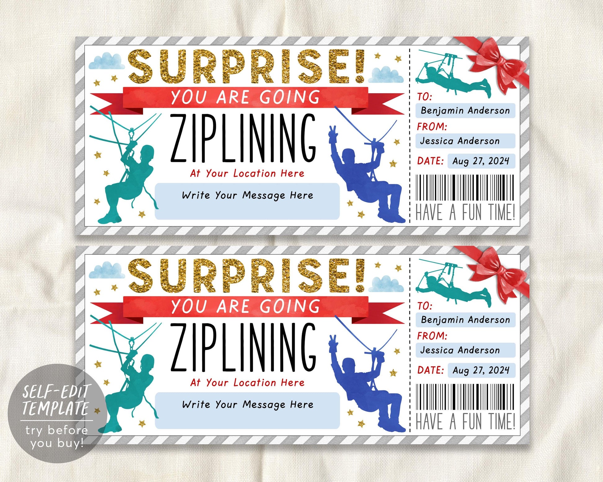 Ziplining Ticket Gift Certificate Ticket Editable Template