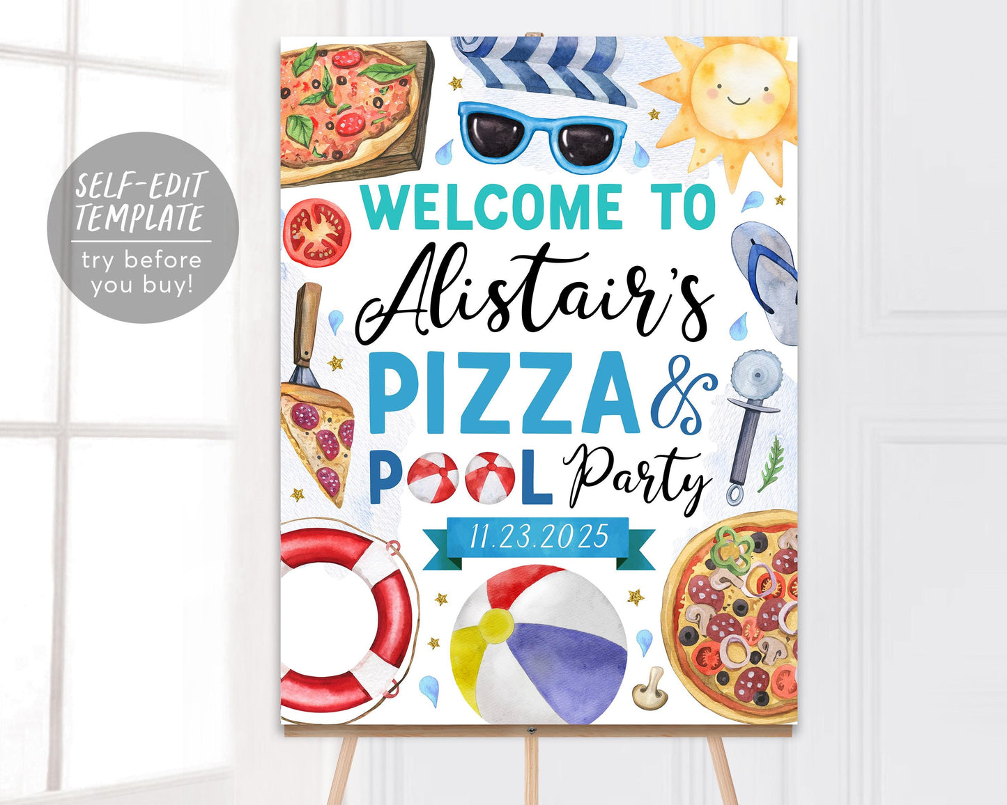 Pizza Pool Party Welcome Sign Editable Template