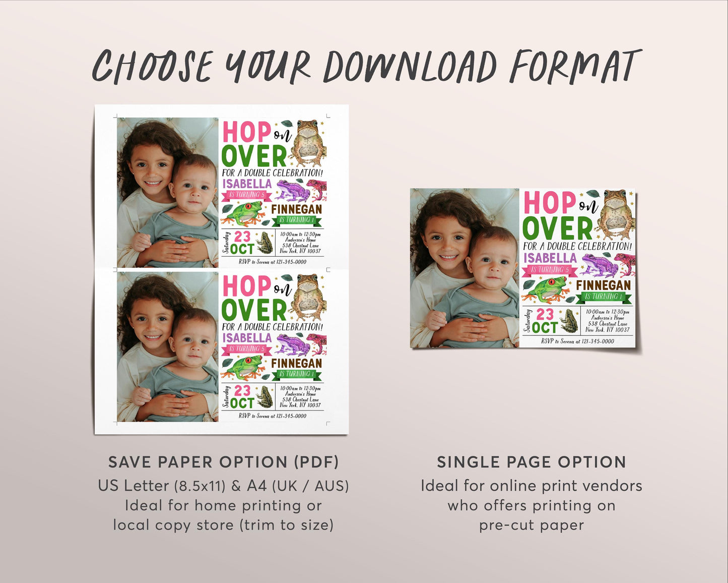 Frog Joint Siblings Birthday Invitation With Photo Editable Template, Girl Boy Twins Hop On Over Frogs Party Invite, Kids Pond Nature Evite