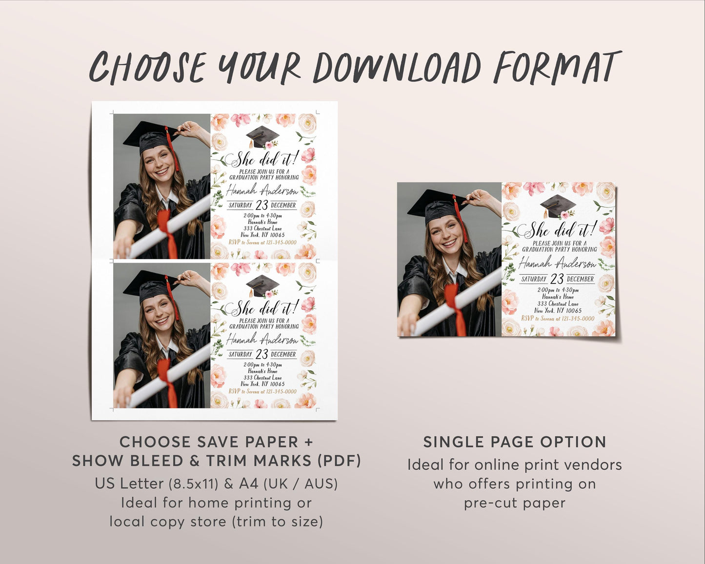 Graduation Floral Invitation With Photo Editable Template, She Did It Grad Announcement Party Invite for Her, Grad College High School Evite