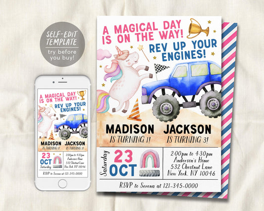 Unicorn And Monster Truck Joint Siblings Birthday Invitation Editable Template