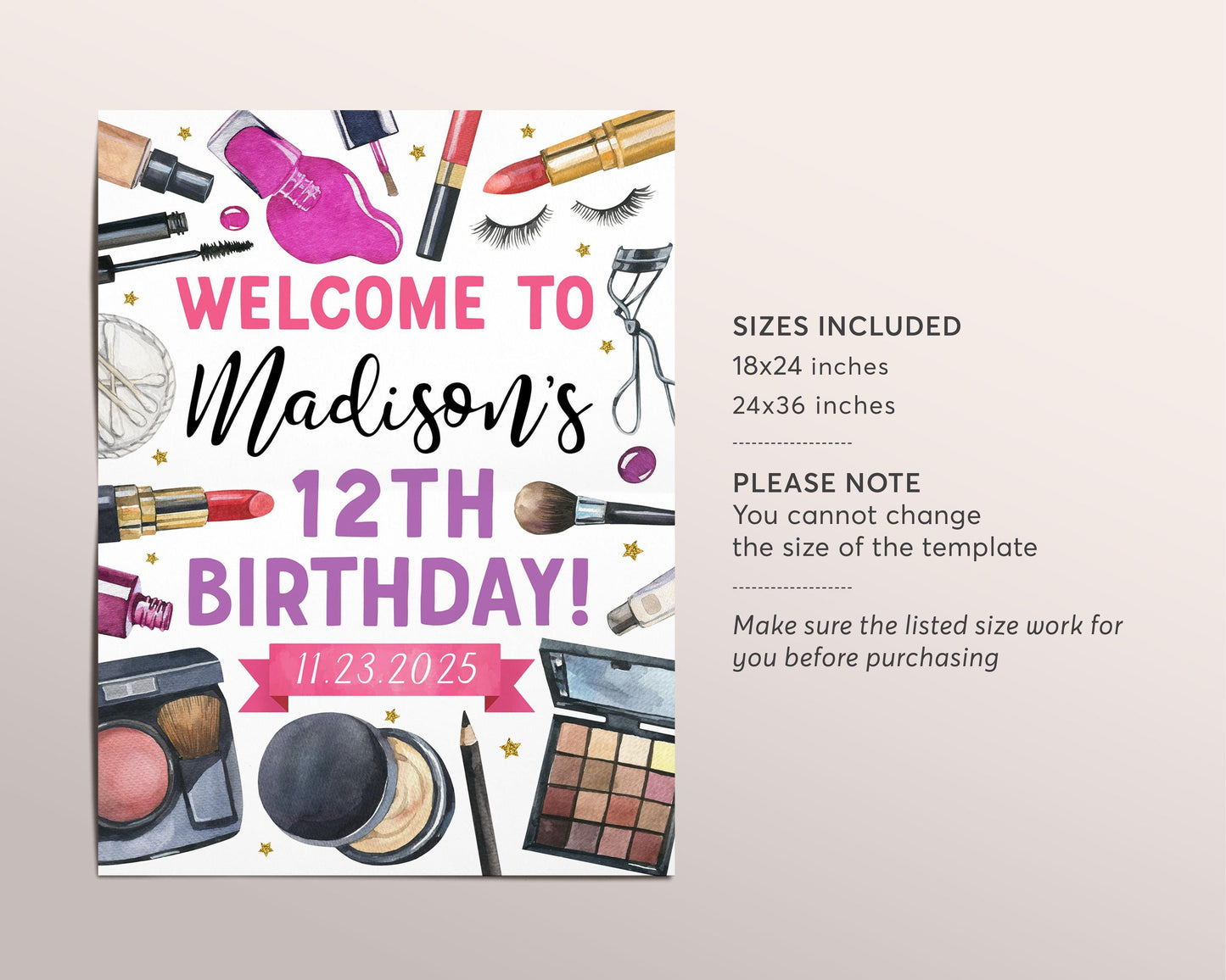 Spa Day Birthday Welcome Sign Editable Template, Makeup Pamper Party Glamour Poster, Glitz and Glam Teen Tween Makeover Blow Out Banner