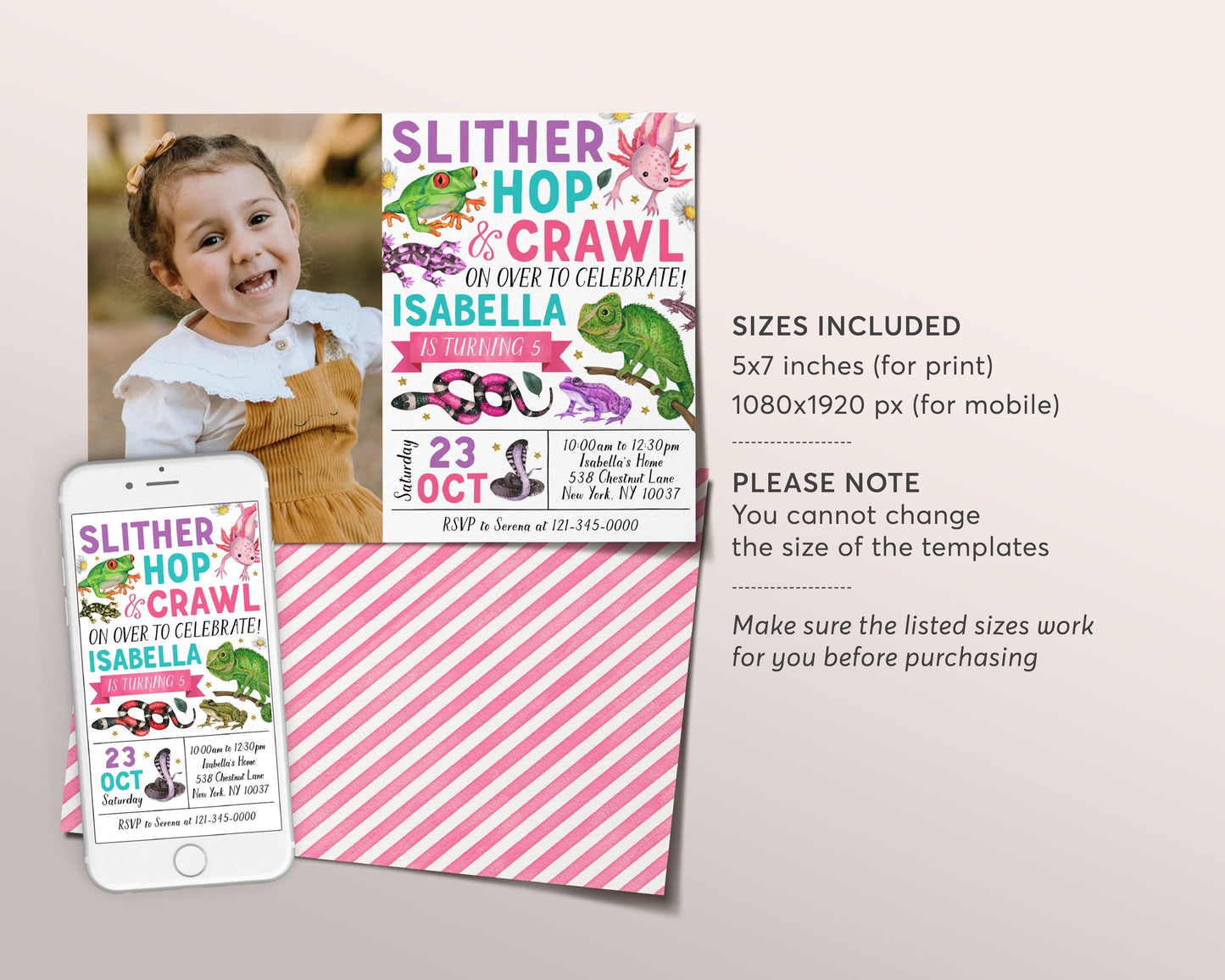 Reptile Birthday Invitation With Photo Editable Template, Girl Slither Hop Crawl Party Invite, Kids Reptiles Creepy Crawly Nature Evite