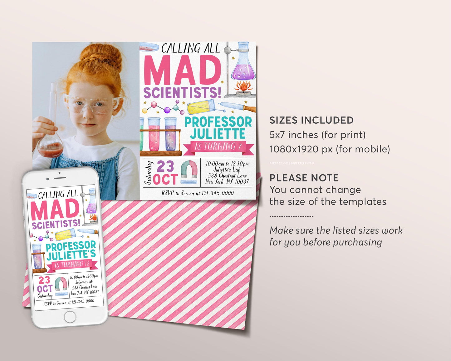 Science Birthday Invitation With Photo Editable Template, Girl Mad Scientists Party Invite, Professor Experiment Science Lab Party Evite