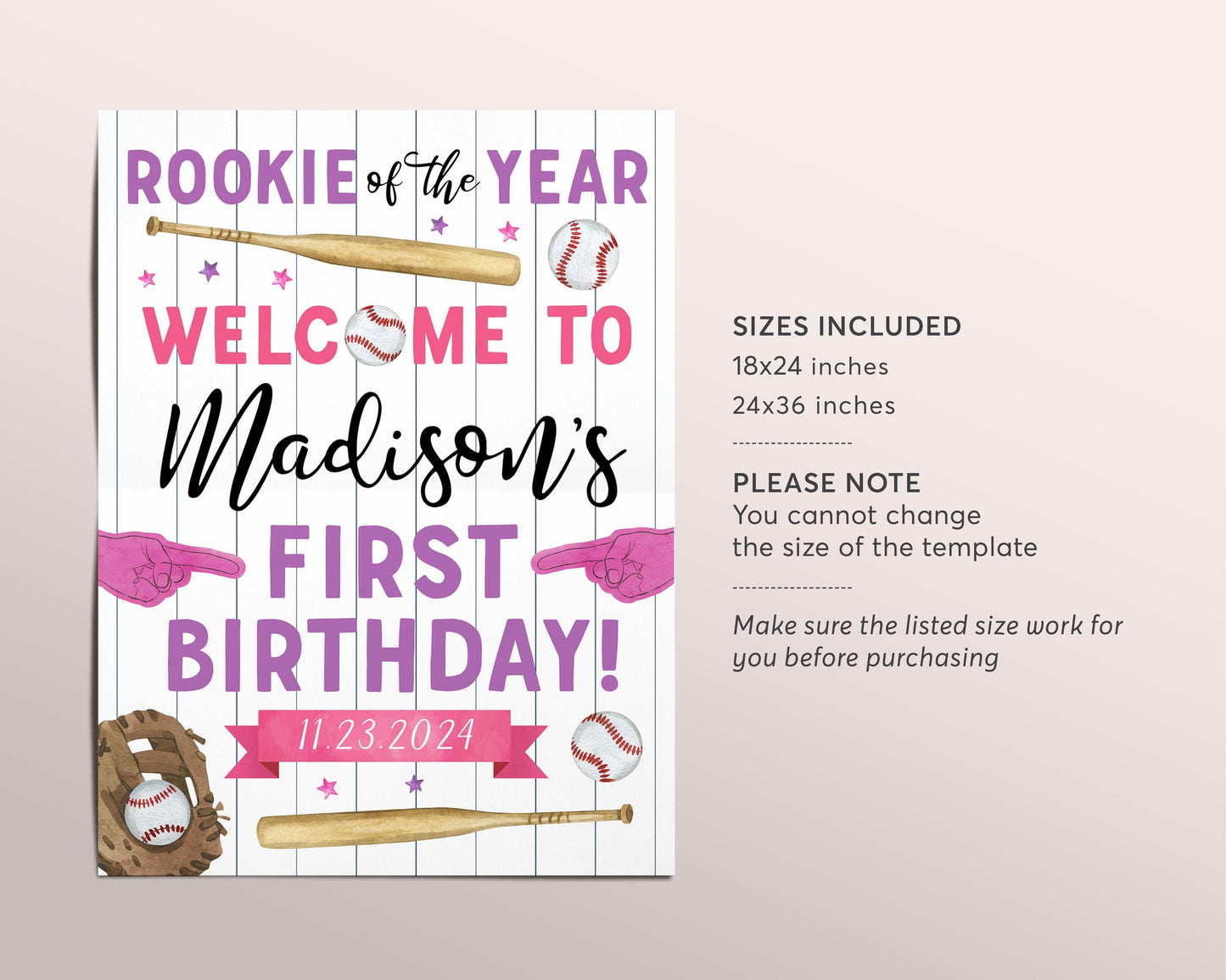 Baseball Birthday Welcome Sign Editable Template, Girl Rookie Of The Year Birthday Poster, Baseball Sports It's Game Time All Star Poster