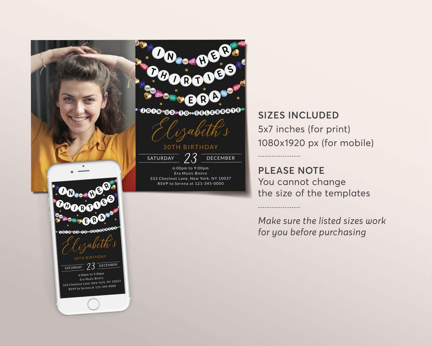 In My Thirties Era Invitation With Photo Editable Template, Friendship Bracelet Party Invite, 30th Birthday Girl Eras Music Black Gold Evite