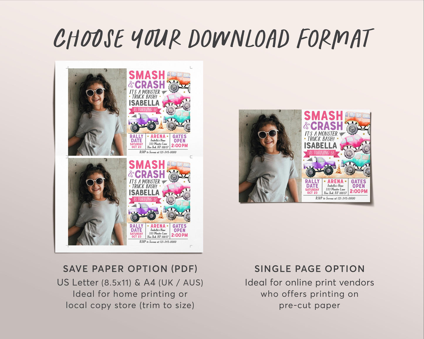 Monster Truck Birthday Invitation With Photo Editable Template, Girl It's A Monster Truck Bash Invite, Smash And Crash Party Evite Any Age