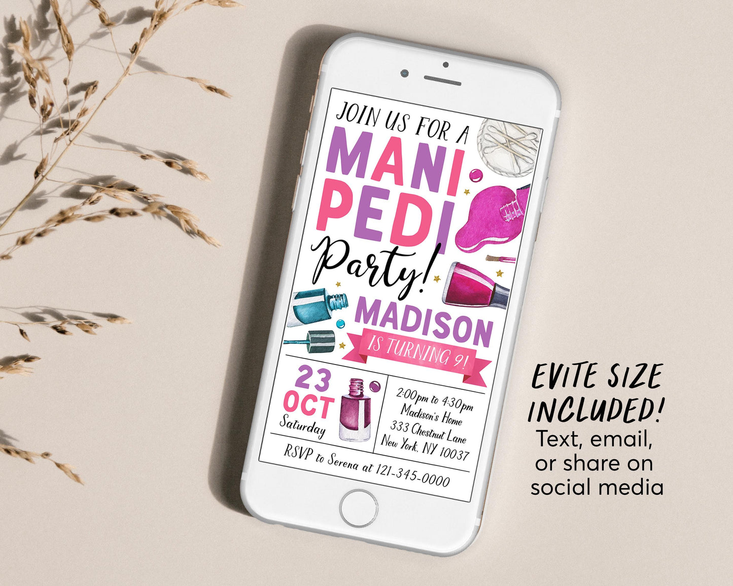Mani Pedi Birthday Party Invitation Editable Template, Manicure Pedicure Spa Day Birthday Invite, Girl Pamper Party Glam Nail Salon Party