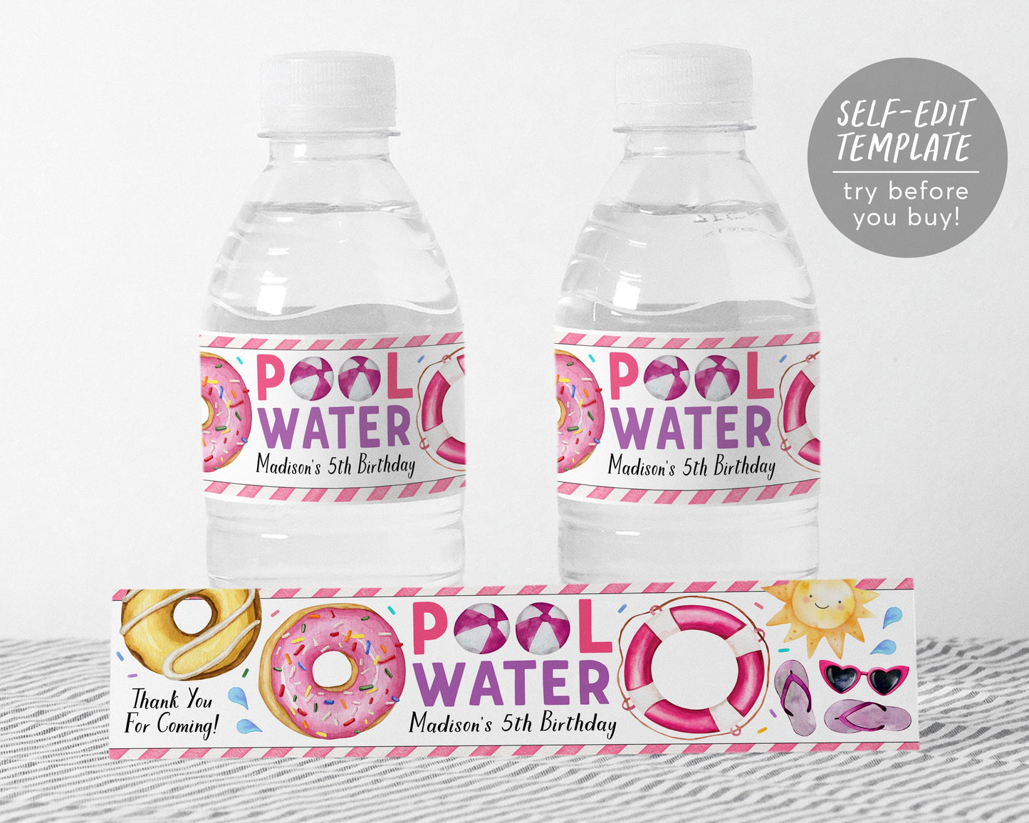 Donut Pool Party Water Bottle Labels Editable Template