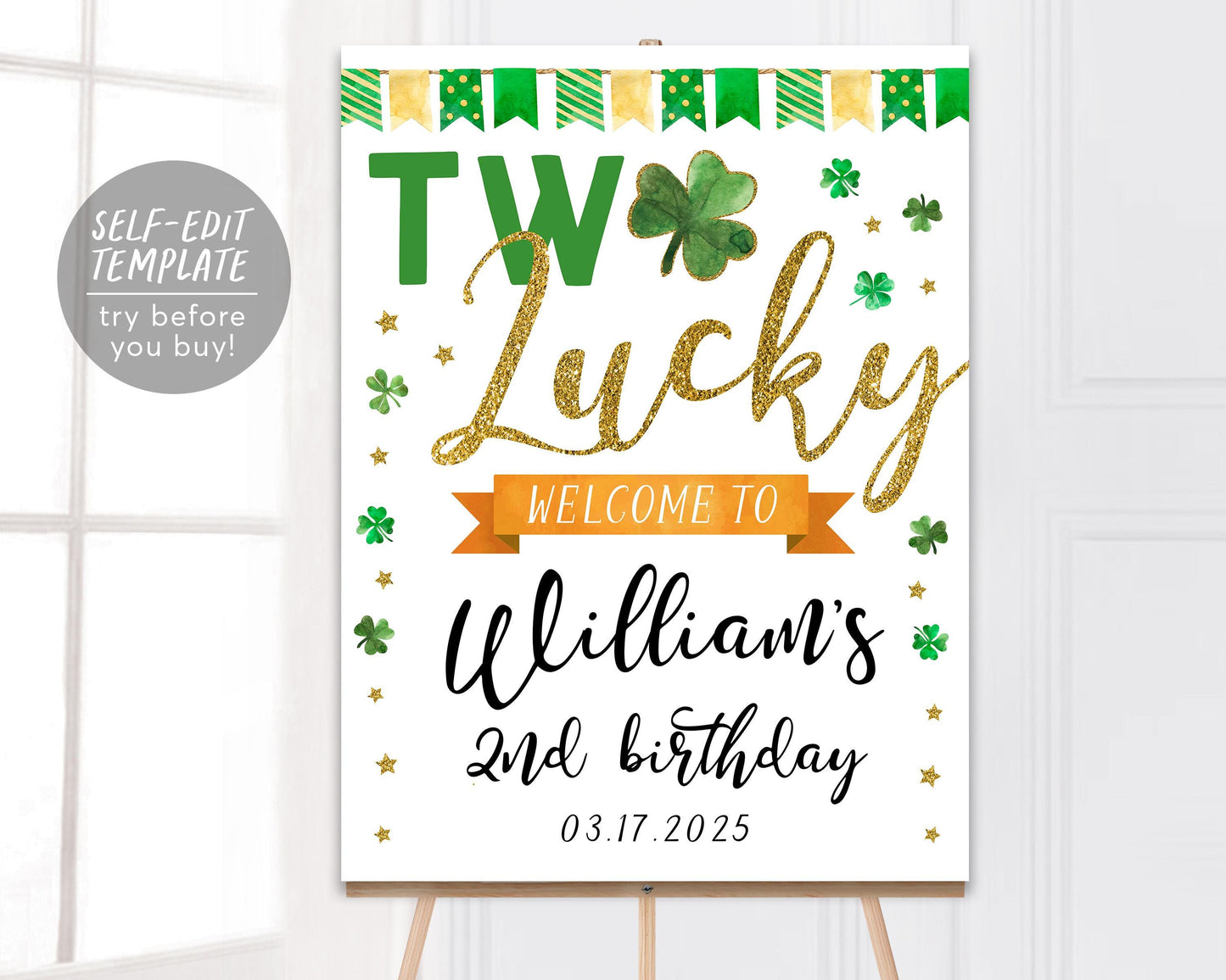 Two Lucky Birthday Welcome Sign Editable Template