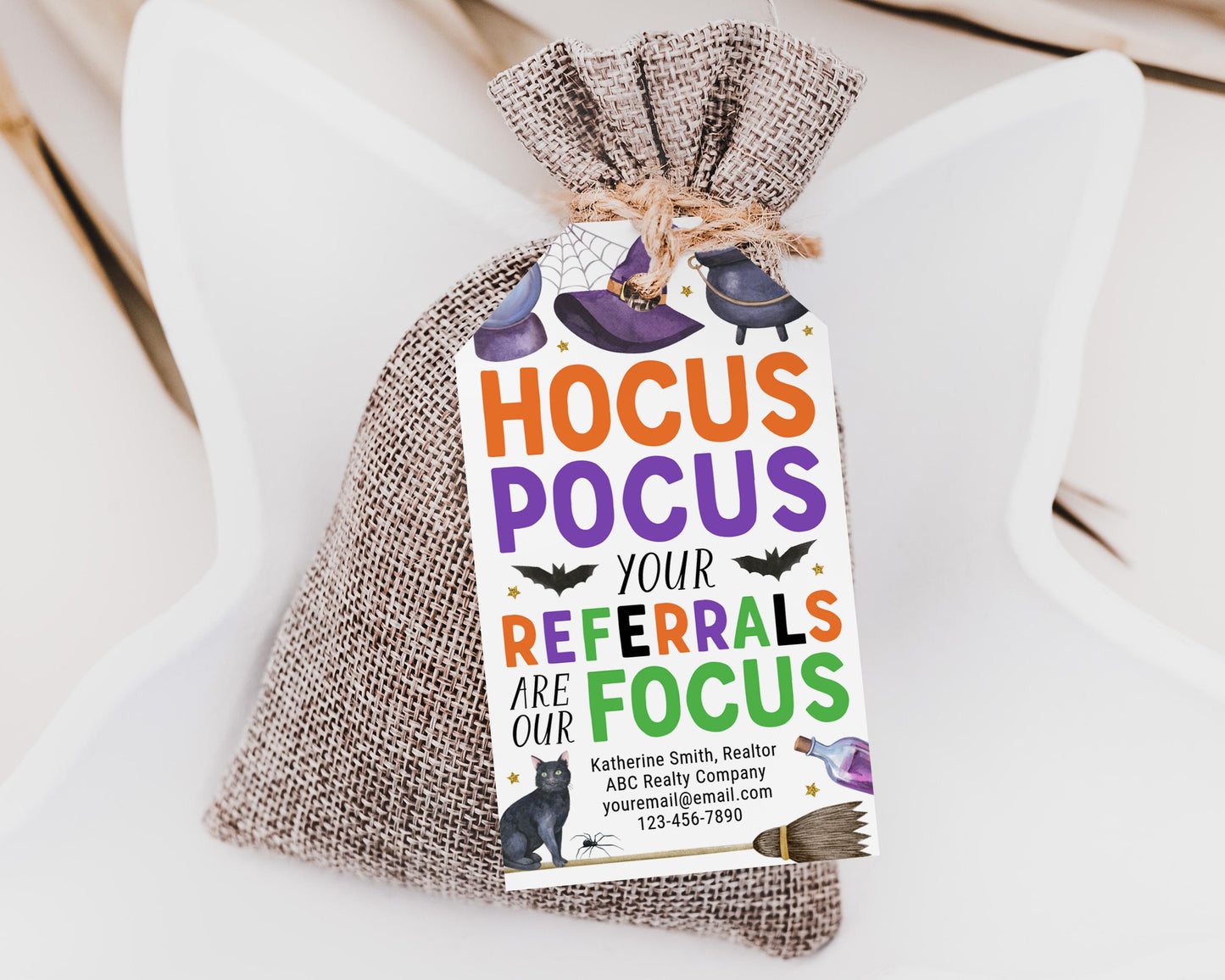 Happy Halloween Pop By Gift Tag Editable Template, Hocus Pocus Your Referrals Are Our Focus Appreciation Labels, Fall Real Estate Client
