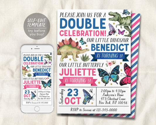 Dinosaur Butterfly Joint Siblings Birthday Invitation Editable Template
