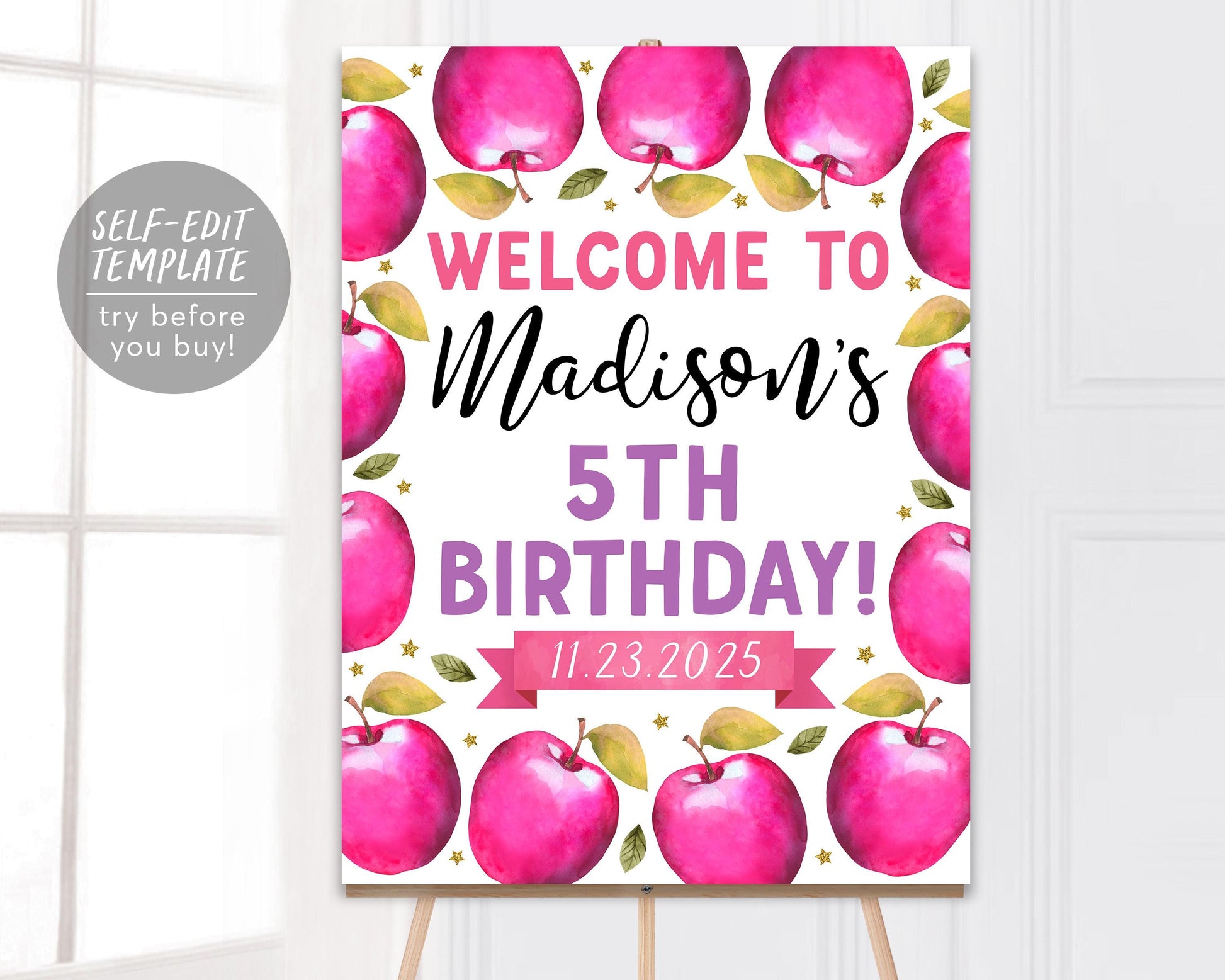 Apple Birthday Welcome Sign Editable Template