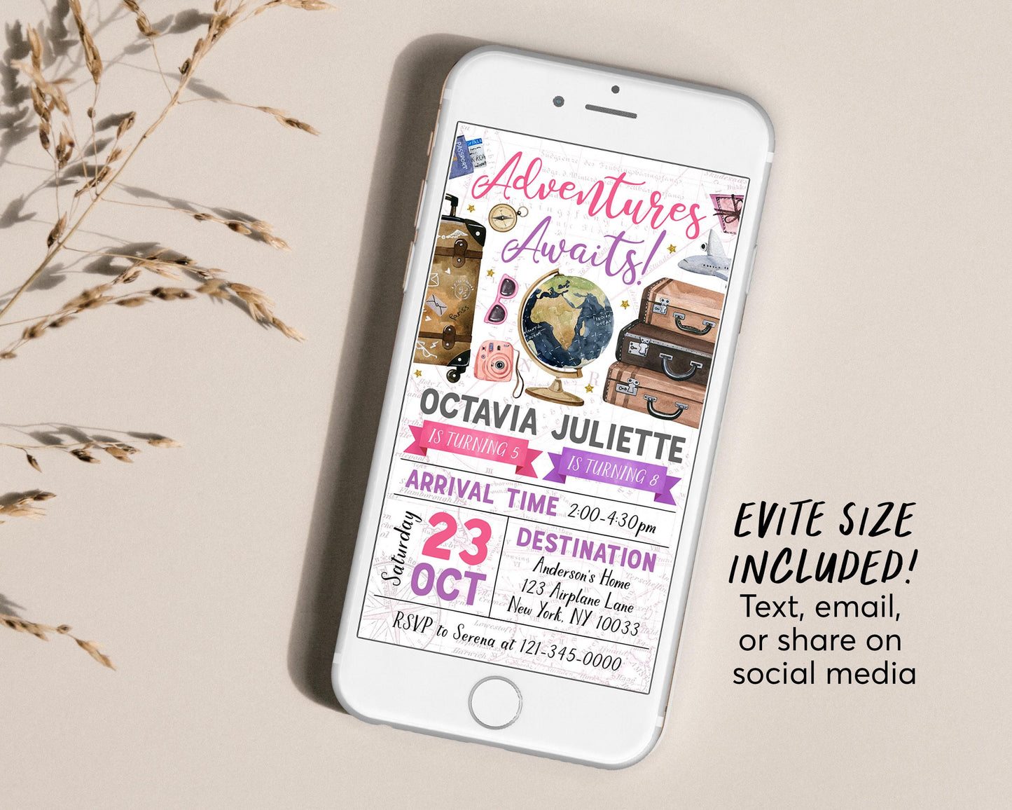 Adventure Awaits Travel Joint Siblings Birthday Invitation Editable Template, Twin Girls Around the World Party Invite, Vintage Map Evite