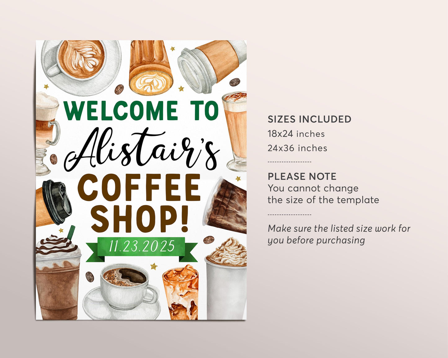 Coffee Birthday Welcome Sign Editable Template, Coffee Shop Latte Fun Frappe Party Poster, Cafe Frappuccino Frappy Coffee Theme Party Banner