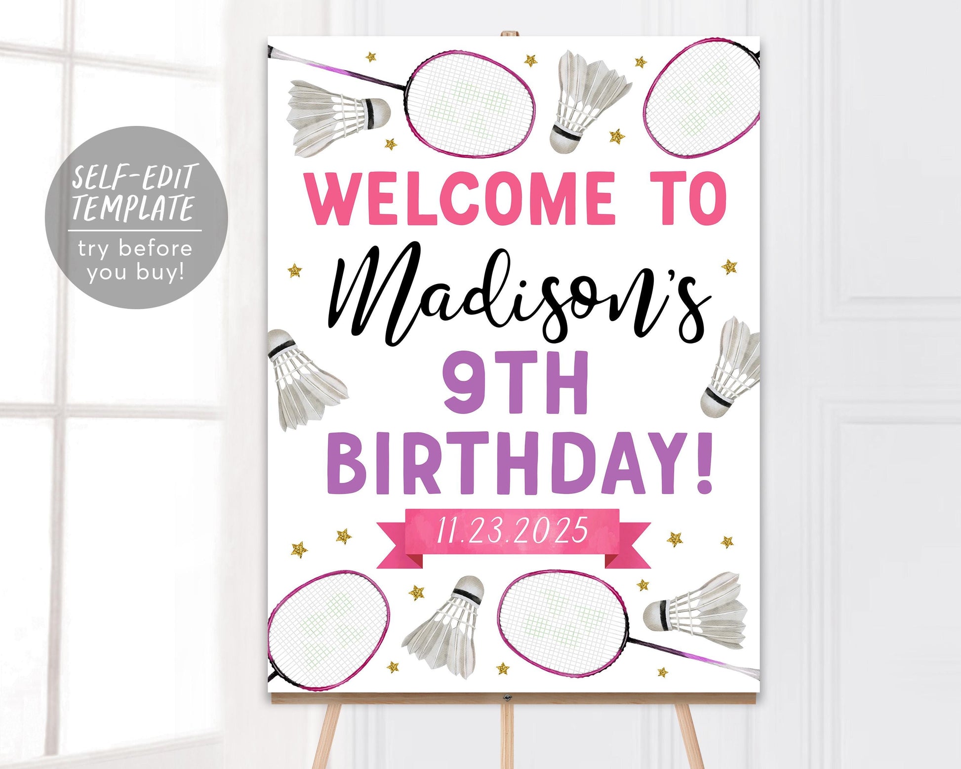 Badminton Birthday Welcome Sign Editable Template