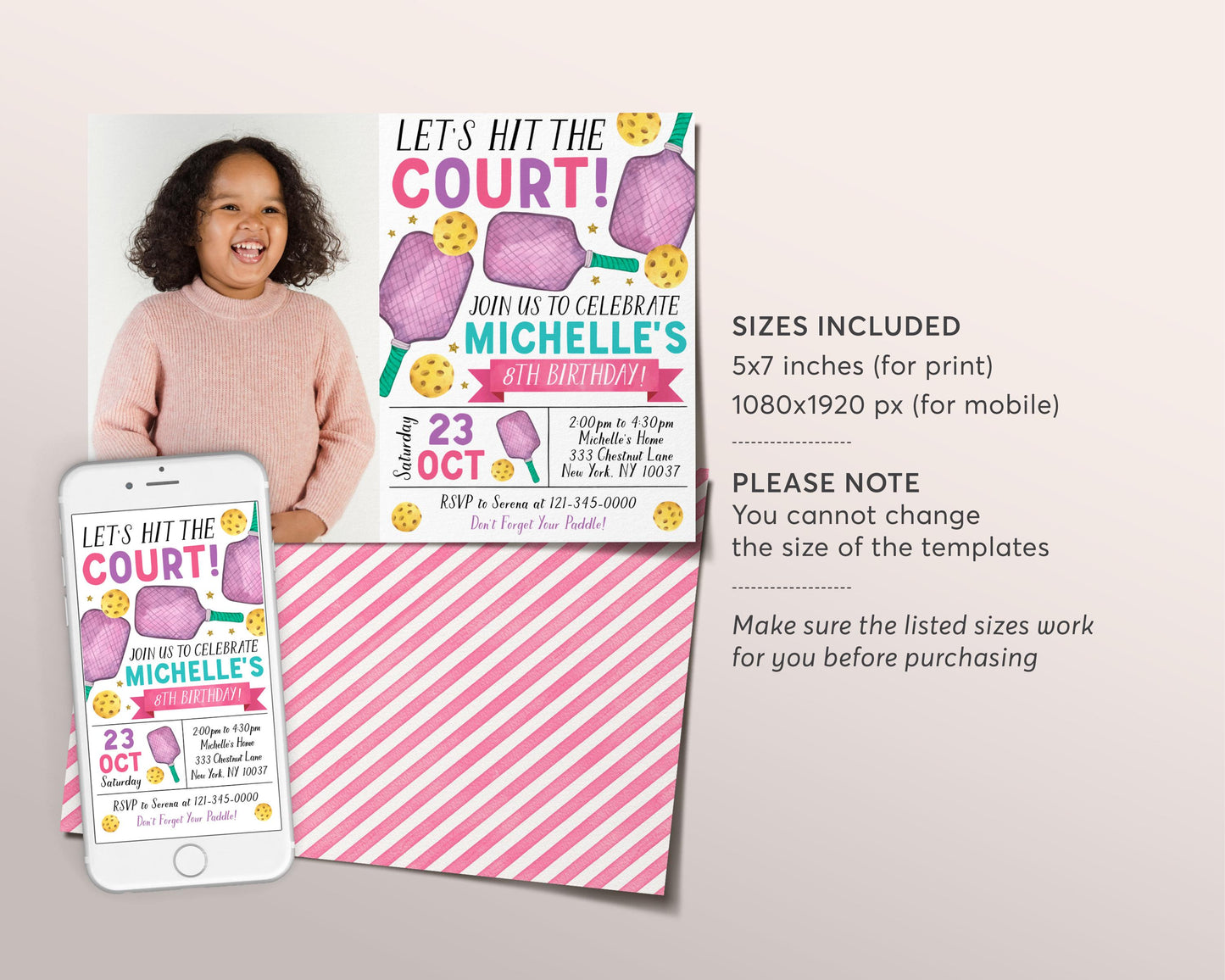 Pickleball Birthday Invitation With Photo Editable Template, Girl Lets Hit the Court Theme Party Invite, Sports Pickleball Theme Evite