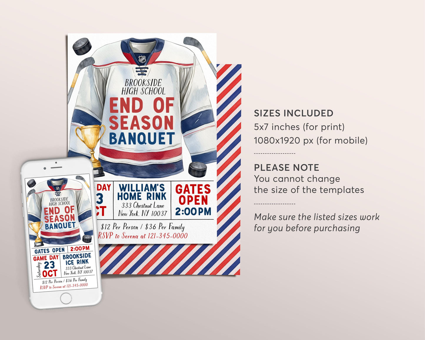 Hockey End of Season Sports Banquet Invitation Editable Template, Ice Hockey Jersey Awards Night Ceremony, Team Party Senior Parent Ceremony