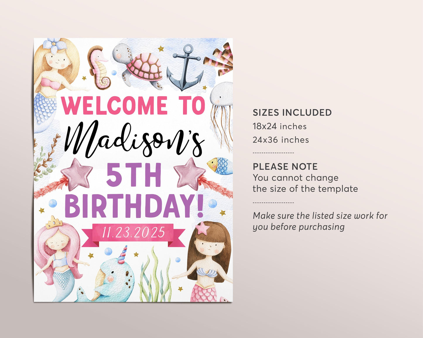 Mermaid Birthday Welcome Sign Editable Template, Under The Sea Celebration Party Poster, Mermaids Splish Splash Ocean Underwater Decor