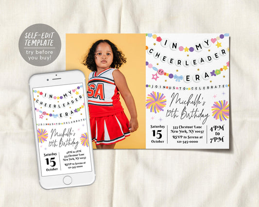 In My Cheerleader Era Birthday Invitation With Photo Editable Template